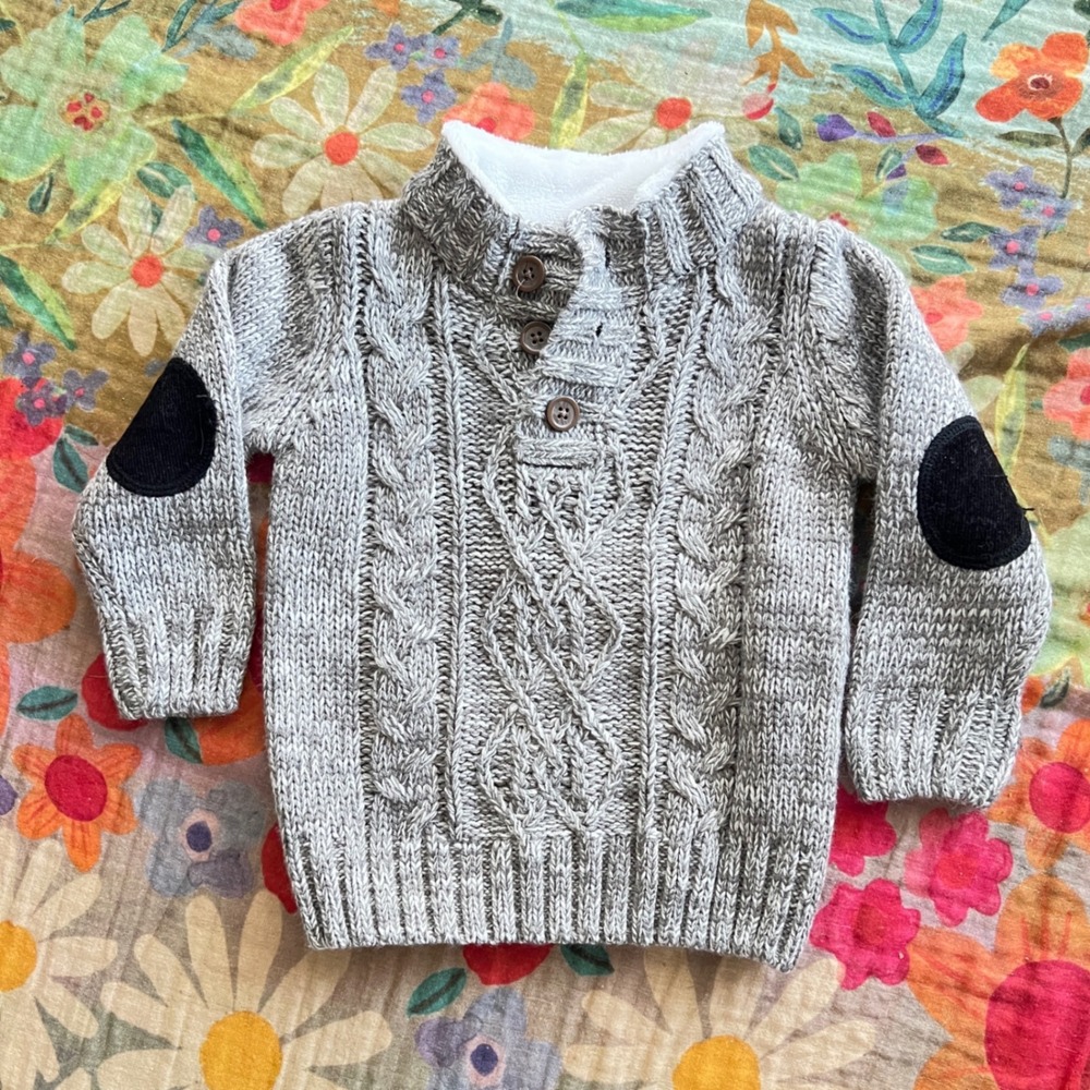 Little Lad Cable Knit Sweater Kids 2T Elbow Patches Gray Mock Neck Henley Cozy